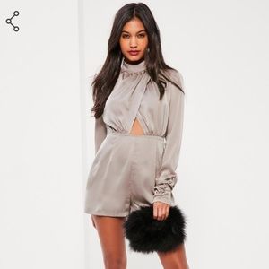 MISSGUIDED SILVER HIGH NECK WRAP SATIN ROMPER S